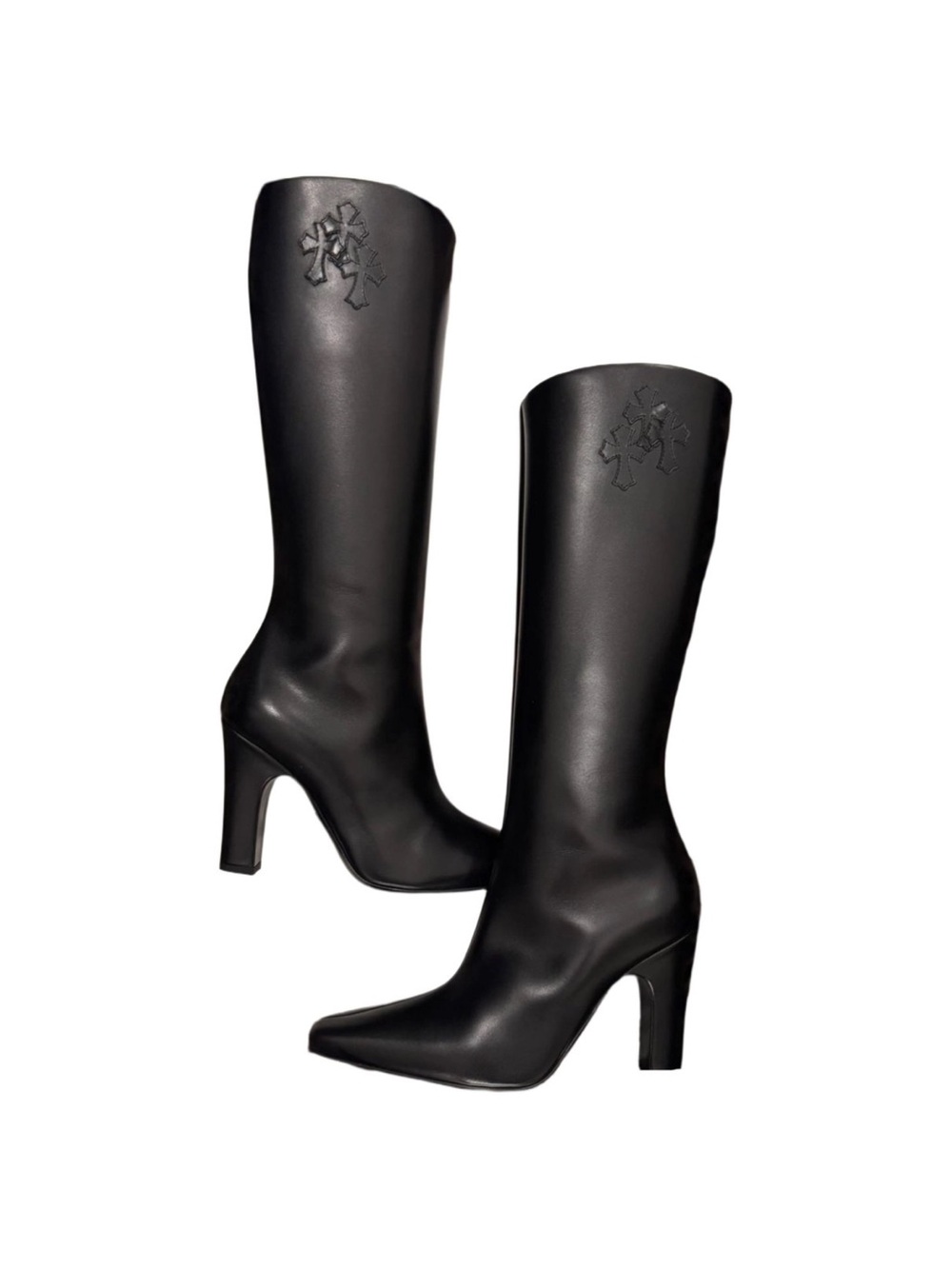 Chrome Hearts Black Pointed-Toe Knee Boots with Embossed Logo